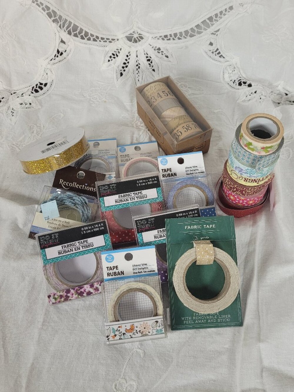 Washi and Fabric Tape Lot of 18 New and Used Multi Color and Floral Lace Glitter